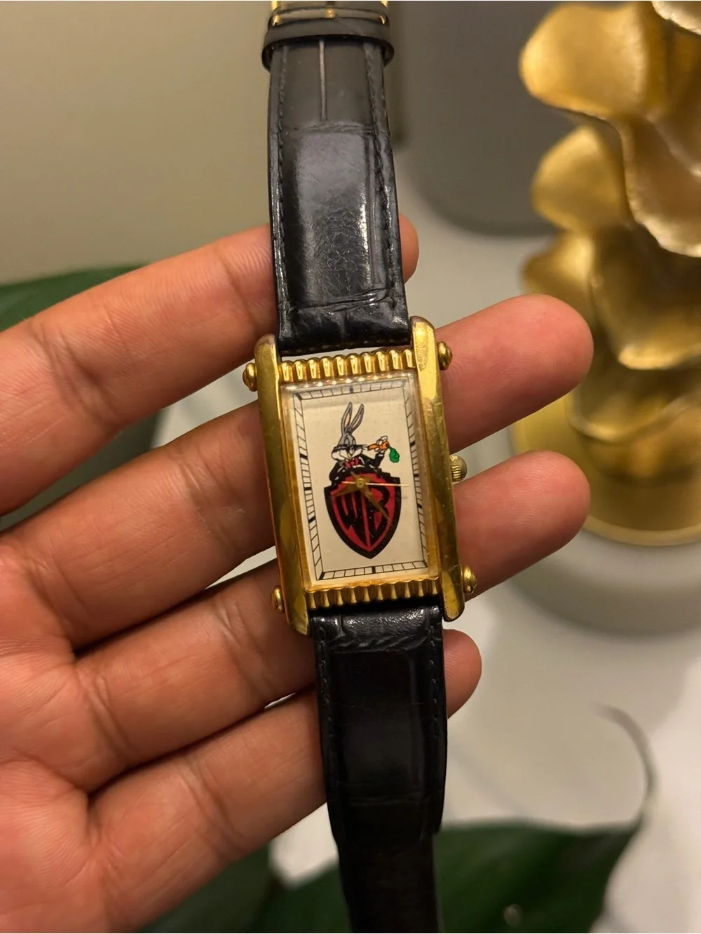 Warner Bros Vintage 1990s. Bugs Bunny Gold Tank Watch, black leather strap rare